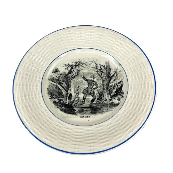 Antique Digoin French Porcelain Plate 7'' Janvier Black & White Decorative - Picture 4 of 4